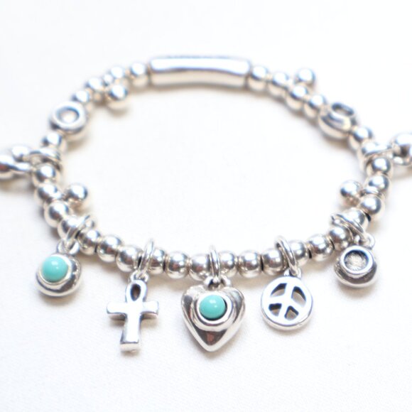 Uno de 50 Silver Tone Worship Turquoise Stretch Bracelet $80 MISSING 3 STONES! - Picture 2 of 4